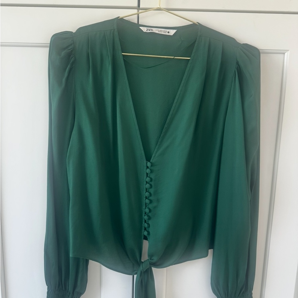 Zara Green Long Sleeve Tie Front Blouse